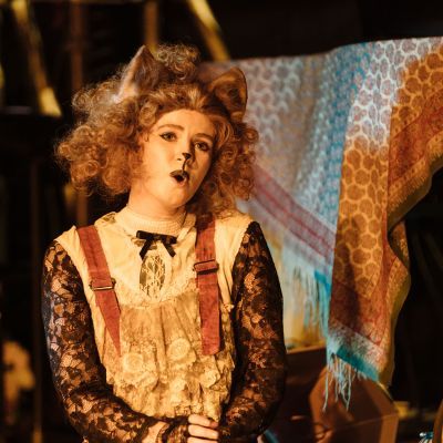Guildhall singer in cat costume performing in Opera Scenes